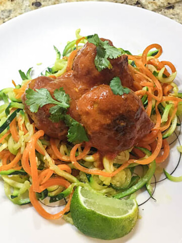 Coconut Curry Meatballs on Spiralized Carrots and Zucchini