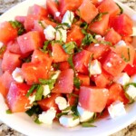 Watermelon feta basil salad in a white bowl