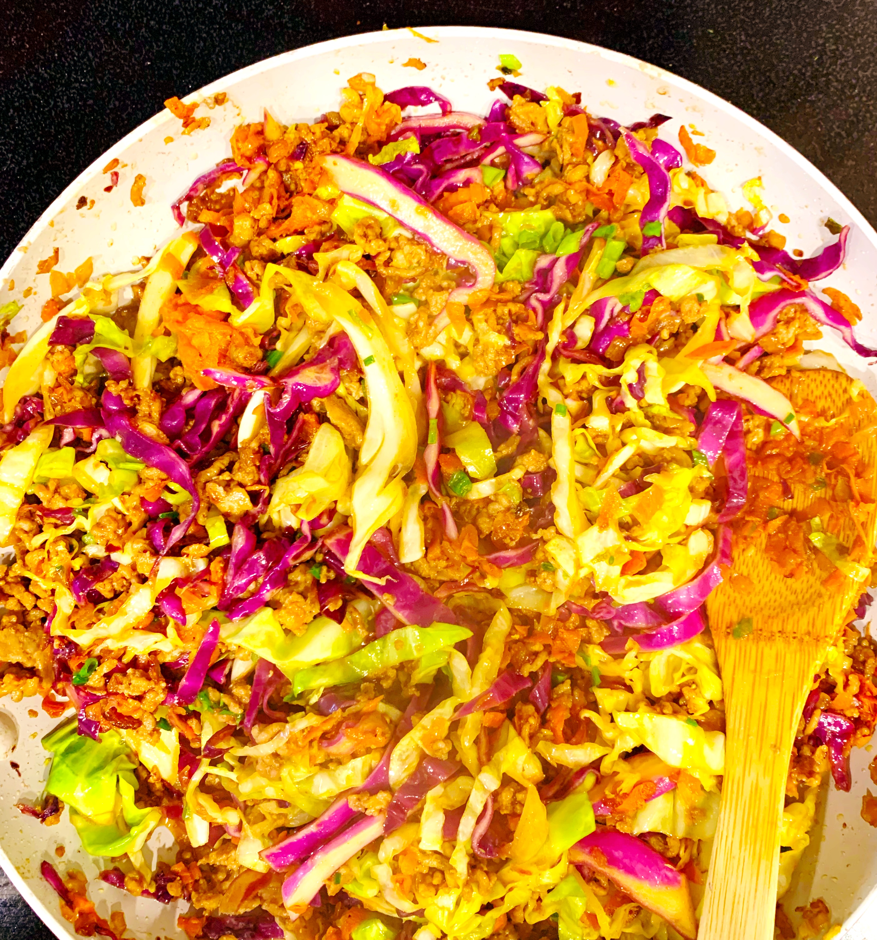 Egg roll in a bowl ingredients in a pan