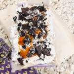 salted caramel oreo ice cream in a loaf pan on a countertop