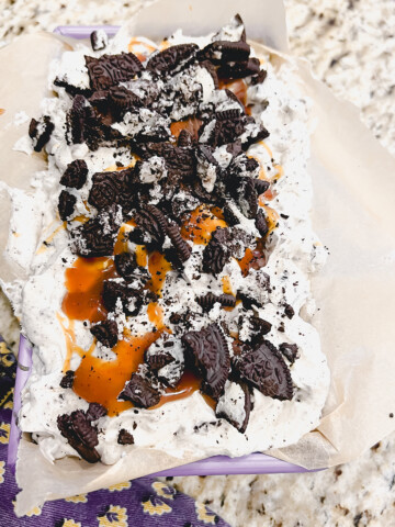 Salted Oreo ice cream in a pan on a counter